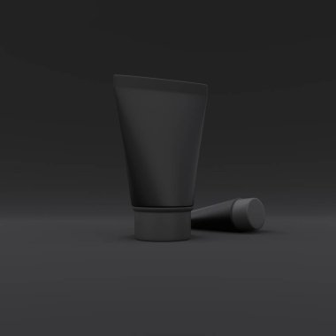 Plastik tüpler siyah arka planda kapaklı kozmetik ürünleri için. Paket tasarımı. 3d illüstrasyon.