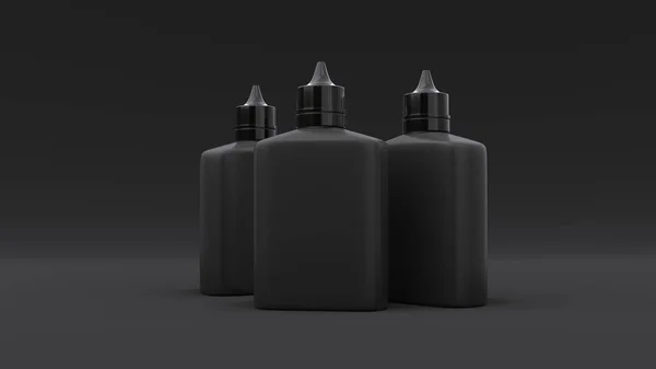 Siyah arkaplandaki üç plastik şişenin maketi. Paket tasarımı. 3d illüstrasyon.