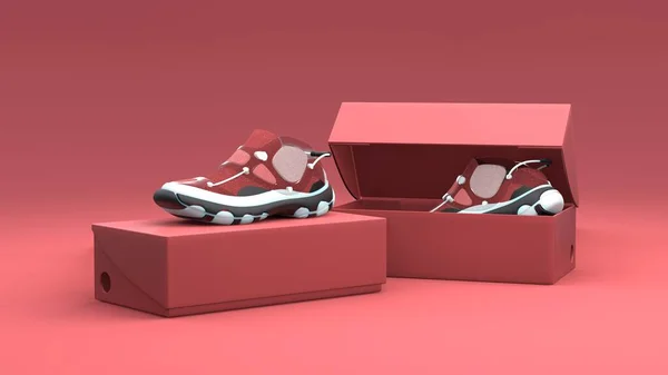 Kırmızı arka planda kutu paketi olan ayakkabı konsepti. Paket tasarımı. 3d illüstrasyon.