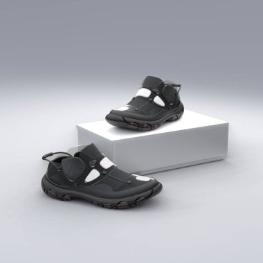 Beyaz arka planda kutu paketi olan ayakkabı konsepti. Paket tasarımı. 3d illüstrasyon.