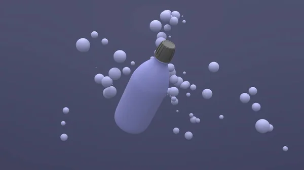 Botella Plástico Volando Aire Sobre Fondo Púrpura Con Esferas Flotantes —  Fotos de Stock