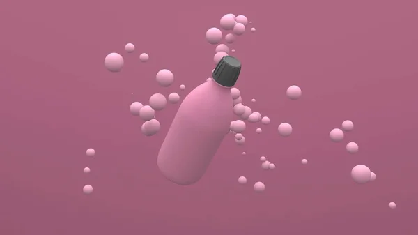 Plastik şişe havada süzülen kürelerle hafif üzüm arka planında uçuyor. Paket tasarımı. 3d illüstrasyon.