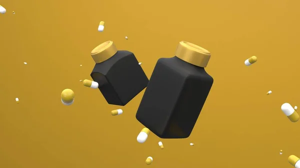 药用塑料瓶在空气中飘扬在黄色的背景与漂浮药丸 药包设计 3D说明 图库图片
