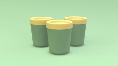 Yeşil arka planda üç renkli dondurma kovası. Paket tasarımı. 3d illüstrasyon.