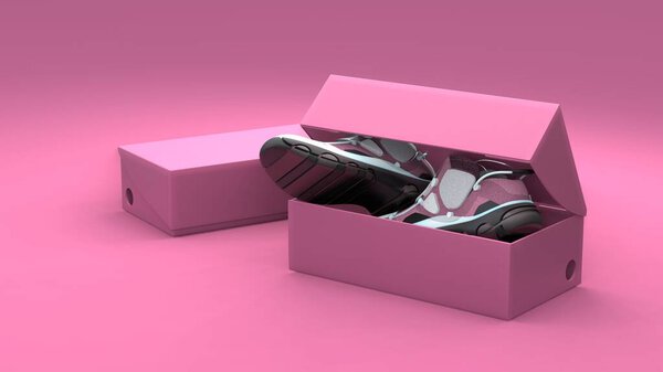 Pair of shoes in box package on the pink background. Modern design. 3d illustration.
