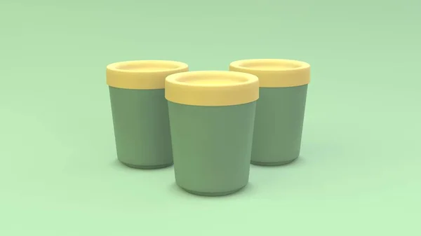 三个色彩艳丽的雪糕桶在绿色的背景上 包装设计 3D说明 — 图库照片