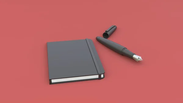 Kırmızı arka planda, not defteri ve mürekkep kalem modeli. Model tasarımı. 3d illüstrasyon.