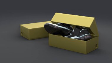 Siyah arkaplanda bir çift ayakkabı var. Modern tasarım. 3d illüstrasyon.