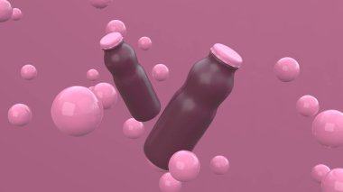 Pembe arka planda havada yüzen kürelerle uçan iki şişe. Paket tasarımı. 3d illüstrasyon.