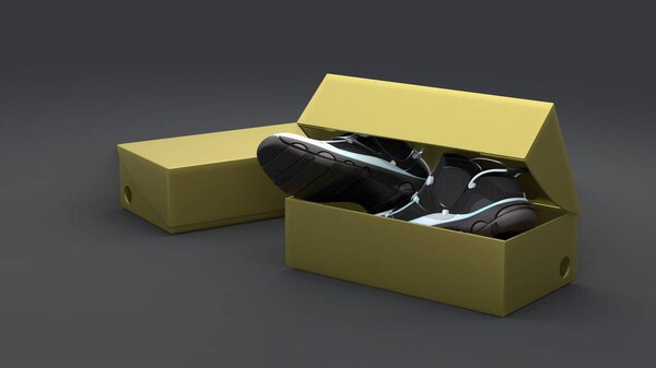 Pair of shoes in box package on the black background. Modern design. 3d illustration.