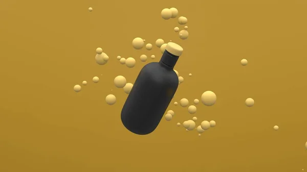 Botella Plástico Volando Aire Sobre Fondo Amarillo Con Esferas Flotantes — Foto de Stock