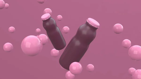 Pembe arka planda havada yüzen kürelerle uçan iki şişe. Paket tasarımı. 3d illüstrasyon.