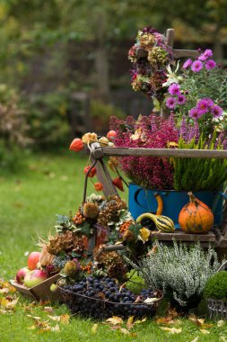 Sonbahar dekorasyonlu eski merdiven arabası. 