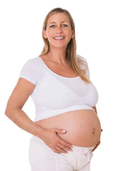 Γυναίκα Άνω Των Σαράντα Εννέα Μηνών Έγκυος Απομονωμένη Λευκό — Φωτογραφία Αρχείου
