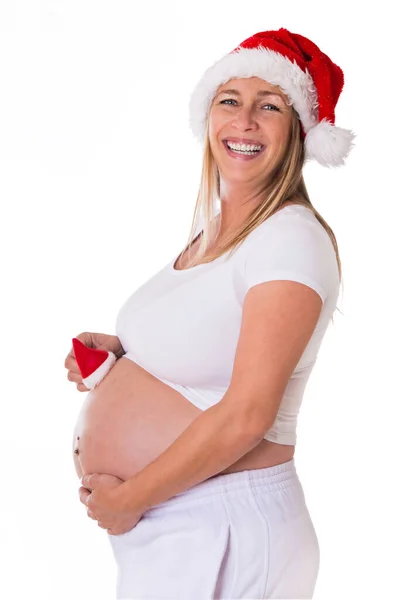 Kobieta Powyżej Czterdziestego Dziewiątego Miesiąca Ciąży Odizolowana Białym — Zdjęcie stockowe