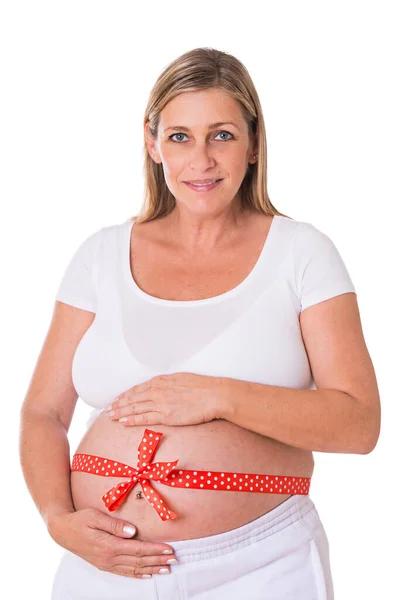 Szczęśliwy Ciąży Kobieta Białym Tle — Zdjęcie stockowe