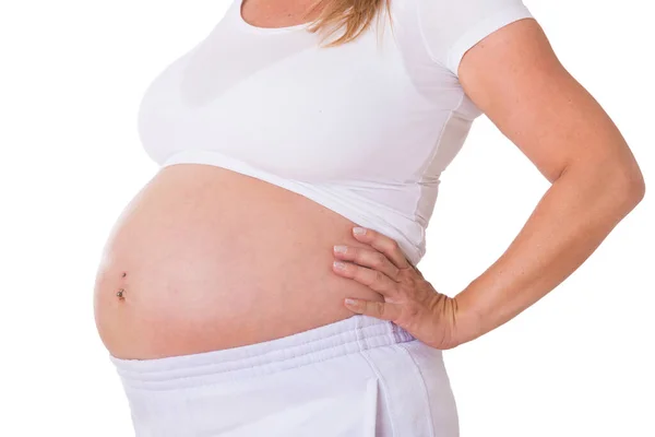 Kobieta Powyżej Czterdziestego Dziewiątego Miesiąca Ciąży Odizolowana Białym — Zdjęcie stockowe