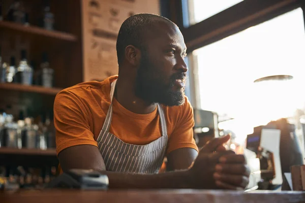 Hombre afroamericano guapo de pie en el mostrador del bar — Foto de Stock