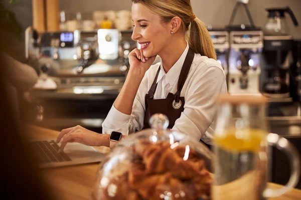 Elegant ung dame arbejder ved computeren i cafeen - Stock-foto