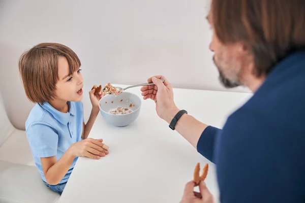 Carino bambino viene dato un cucchiaio di cereali per la colazione da suo padre — Foto Stock