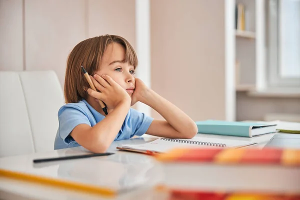 Niño que tiene demasiada tarea durante el aprendizaje a distancia —  Fotos de Stock