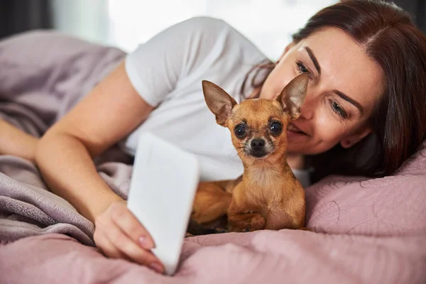 Femme au foyer tenant un téléphone portable devant le visage du chien — Photo