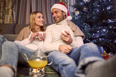 Mutlu gülümseyen genç çift evdeki çay fincanında dinleniyor.