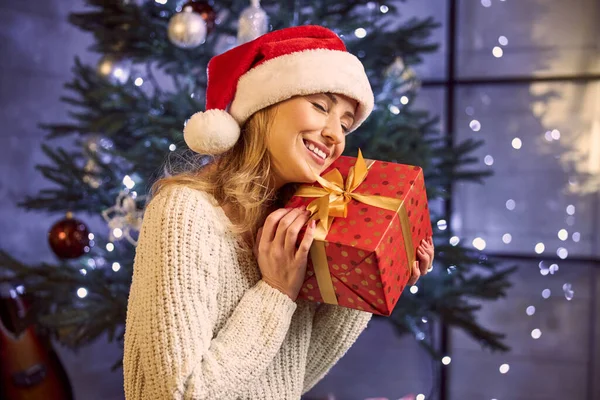 Fantastique femelle en vêtements chauds se sentant heureux pendant les vacances de Noël — Photo
