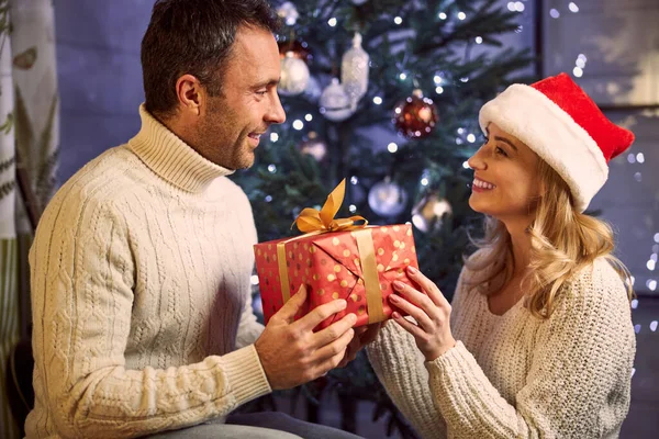 快乐甜蜜的一对穿着保暖衣服的情侣在家里共度寒假 — 图库照片
