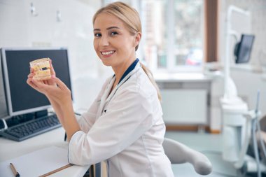 Ellerinde çene modeliyle mutlu bir dişçi.