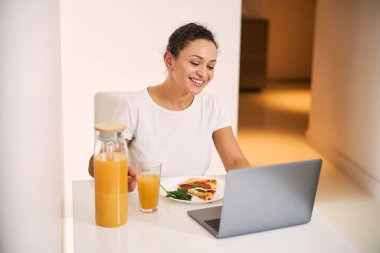 Evde laptopun önünde lezzetli bir öğle yemeği.