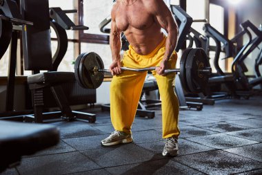 Egzersiz için halter ve ağırlık kullanan kaslı bronzlaşmış bir adam.