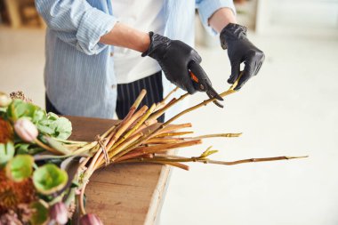 Deneyimli kadın çiçek tasarımcısı buket yapıyor.