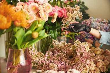 Bir bahar buketi için çiçek seçen profesyonel çiçekçi.