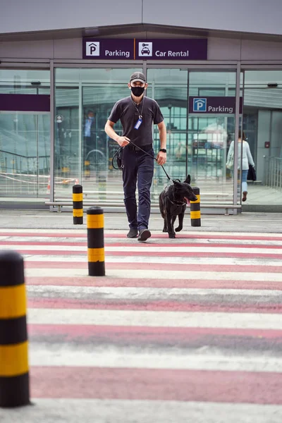 Security worker with police dog crossing the road at airport