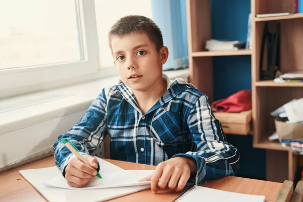 Спокійна дитина наполегливо працює на уроці школи — стокове фото