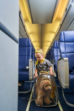 Köpek sahibi çocuk yolcu kabin koridorunda duruyor.