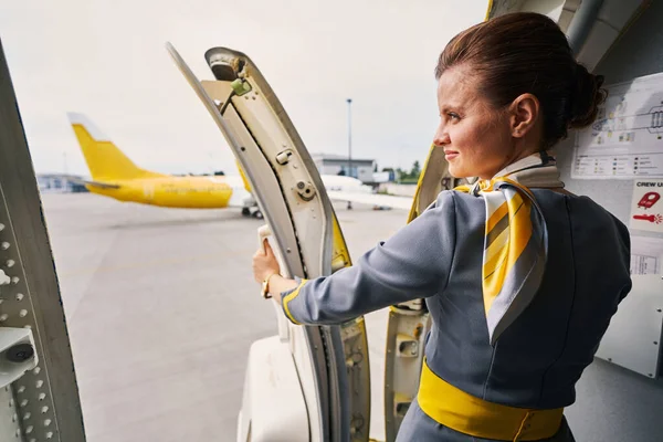 Jovem aeromoça sorridente em pé na porta do avião — Fotografia de Stock