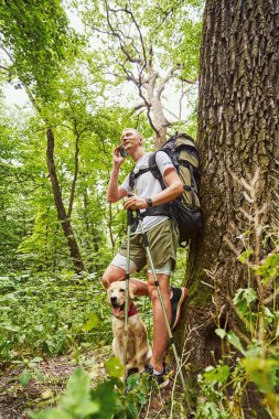 Mutlu adam ormanda yürürken telefon ediyor.