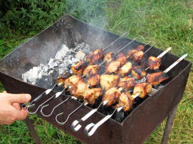 Açık havada barbekü kendi kendini pişiren et.                              