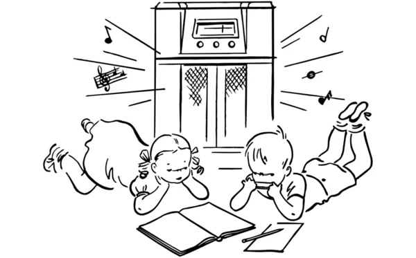 孩子听收音机 — 图库矢量图片