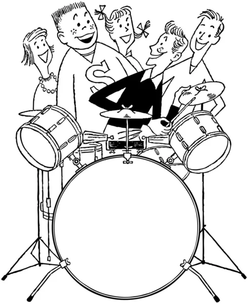 Les adolescents avec ensemble de tambour — Image vectorielle