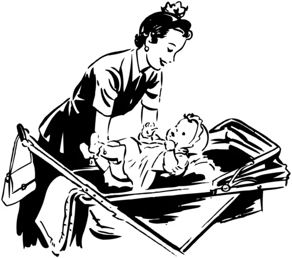 Mutter steckt Baby in Kinderwagen — Stockvektor