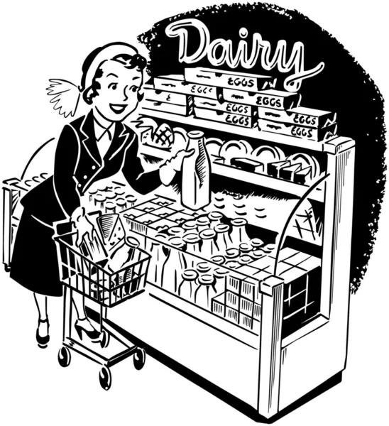 Vintage γυναίκα Shopper σε γαλακτοκομικά προϊόντα — Διανυσματικό Αρχείο