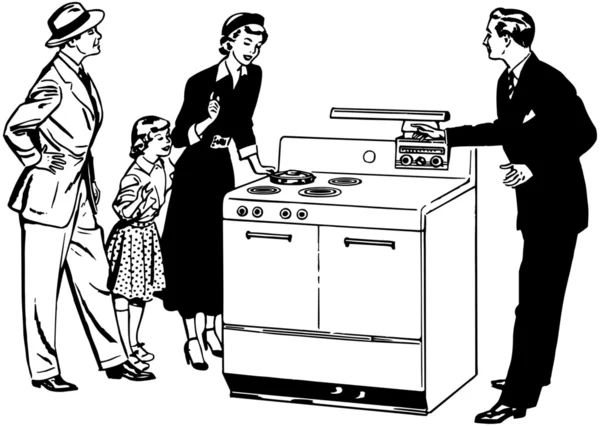 Familia con nueva estufa — Vector de stock