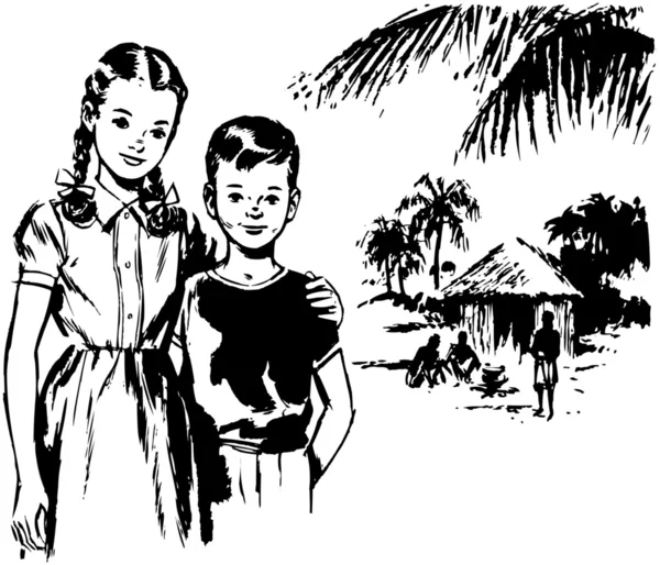 Chica y niño en los trópicos — Vector de stock