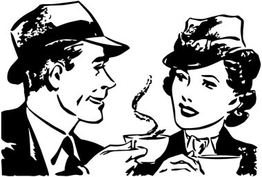 Çay, illüstrasyon içme sırasında chat yapan Çift