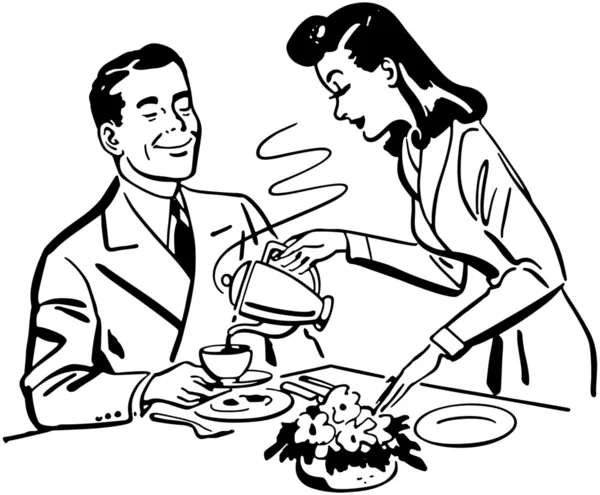Coppia chiacchierare durante bere il tè, illustrazione — Vettoriale Stock