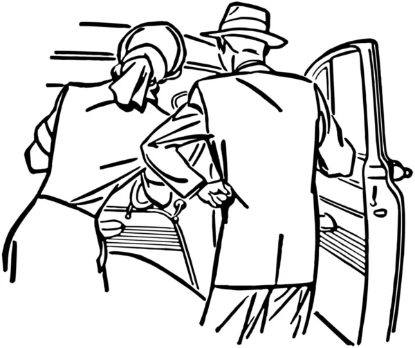 Illustrazione della coppia esaminando auto nuove — Vettoriale Stock