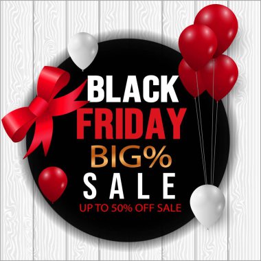 Parlak Balonlar, kırmızı, pembe, altın ve kurdeleli Kara Cuma Posteri, modern tarzda son özel bayram tanıtımı.